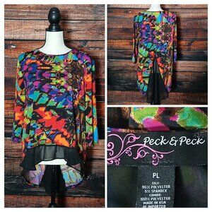 Peck & Peck Top PL Large Petite Hi Low 3/4 Sleeve Sheer Back Colorful Tunic